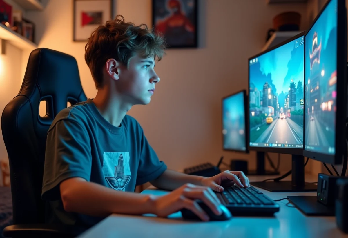 Jeune homme concentré jouant sur son ordinateur dans sa chambre