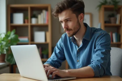 Jeune homme concentré dans son bureau à domicile