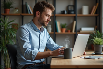 Jeune homme en bureau cosy travaillant sur son ordinateur portable