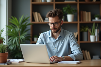 Jeune homme concentré travaillant sur son ordinateur dans un bureau moderne