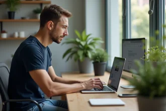 Jeune homme au bureau regardant son écran d'ordinateur