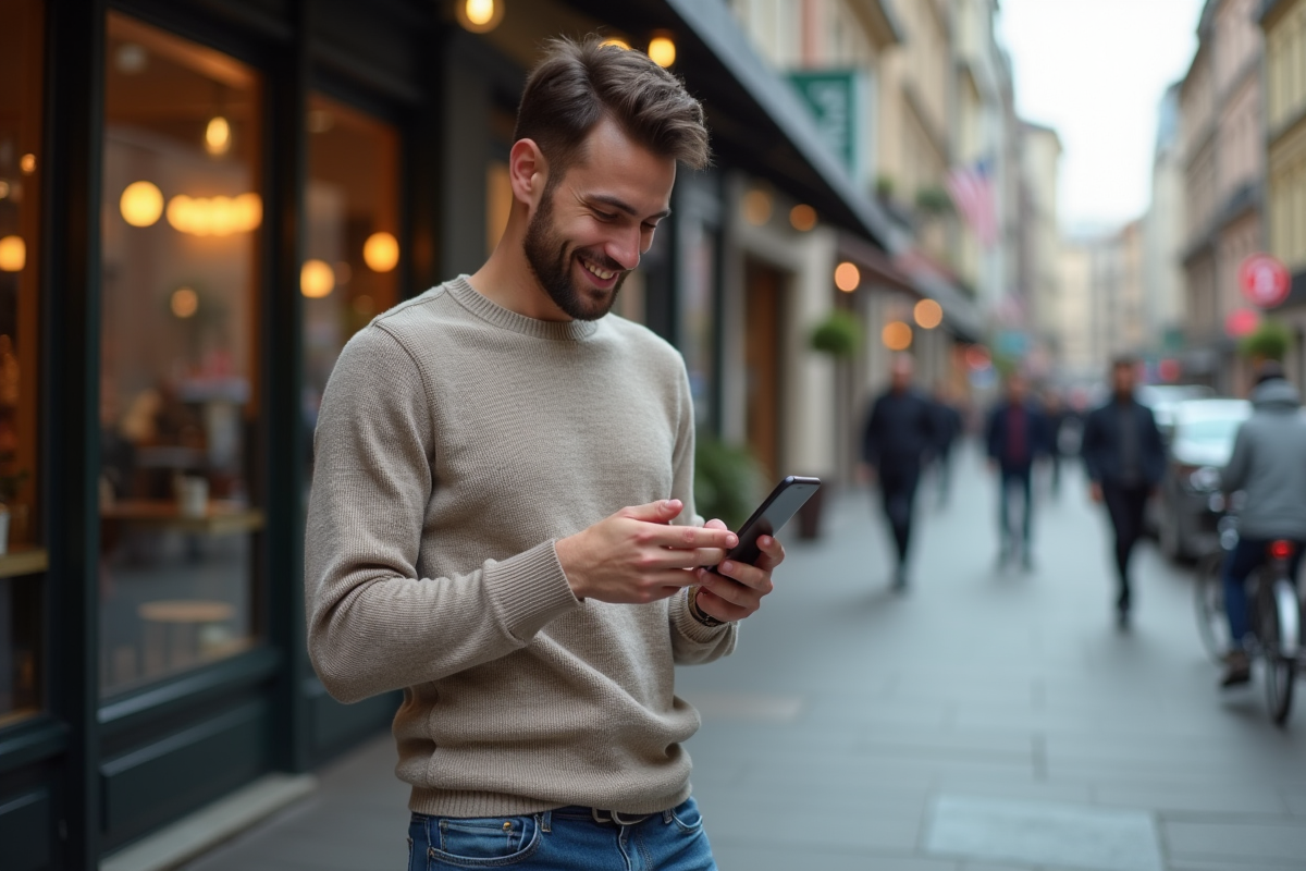 Jeune homme souriant vérifiant son smartphone devant un café urbain
