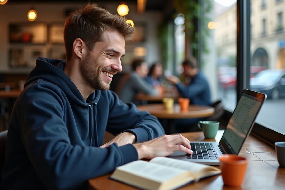 Jeune homme au café utilisant un clavier virtuel sur son laptop