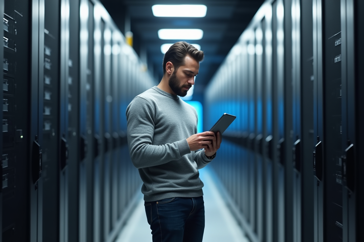 Jeune homme dans un centre de données examine une tablette