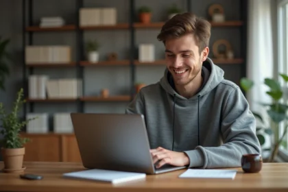 Jeune homme souriant en hoodie utilisant son laptop dans un salon cosy
