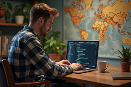 Jeune homme travaillant sur un ordinateur portable Linux dans un bureau cosy