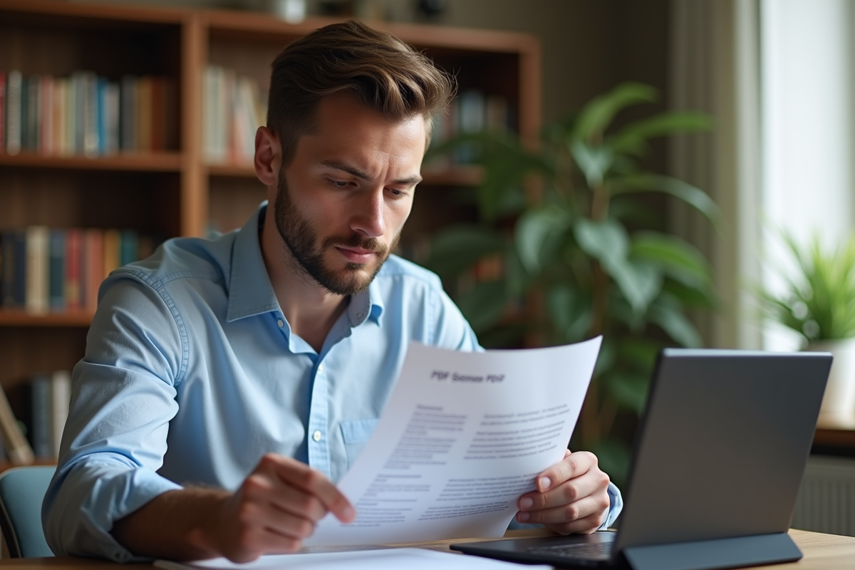 Jeune homme lisant un PDF dans son espace de travail