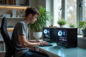 Jeune homme concentré vérifiant deux PC ouverts dans un bureau moderne