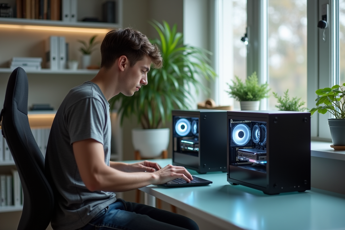 Jeune homme concentré vérifiant deux PC ouverts dans un bureau moderne