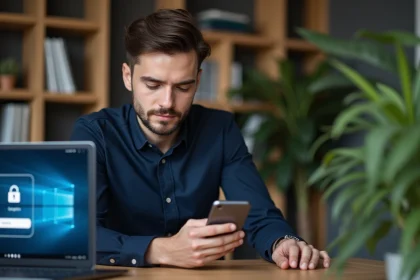 Jeune homme utilisant une application de securite sur son smartphone