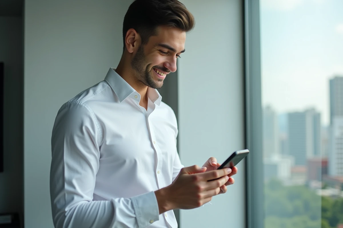 Jeune homme souriant utilisant son smartphone devant une fenêtre