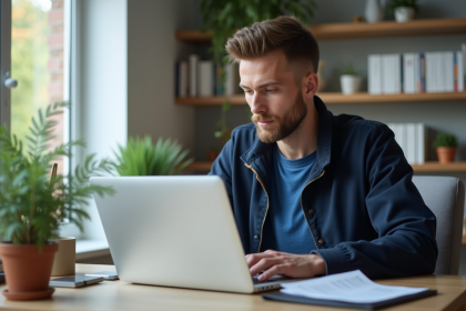 Jeune homme professionnel travaillant sur son ordinateur dans un bureau moderne