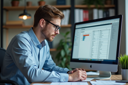 Jeune homme professionnel analysant des données de mots-clés