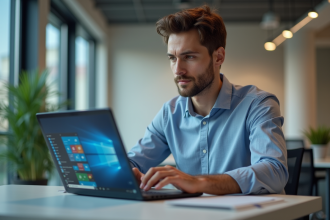 Jeune homme professionnel utilisant un ordinateur avec interface futuriste