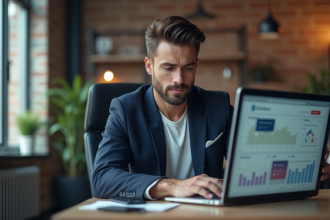Jeune homme en blazer regardant un tableau de bord social media