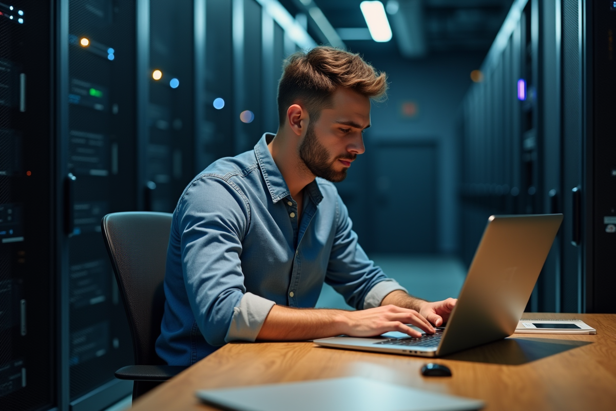 Jeune homme en informatique tape un mot de passe dans un serveur