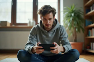 Jeune homme jouant sur une console portable Sony assis sur un parquet dans un appartement moderne