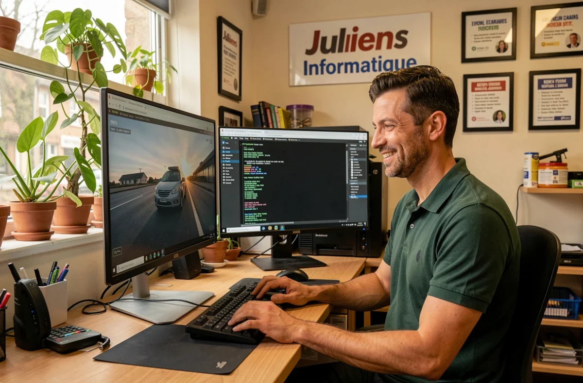 Technicien de Juliens Informatique effectuant une analyse complète d'un ordinateur de bureau dans son atelier convivial