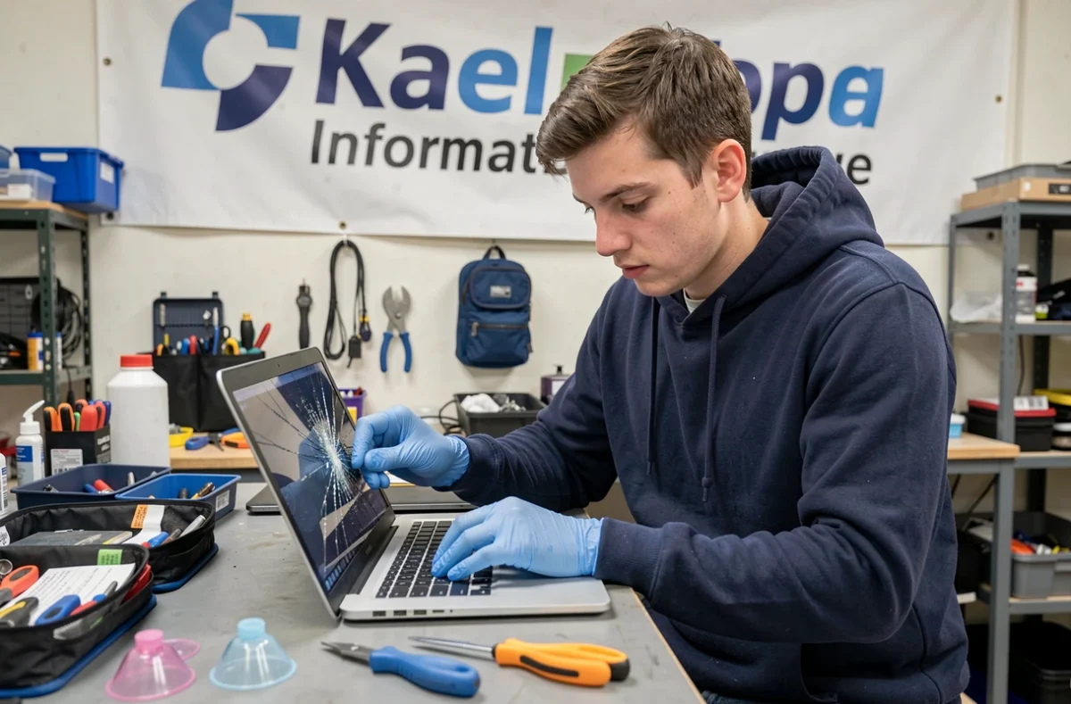 Technicien de Kael Informatique remplaçant l'écran d'un ordinateur portable dans son atelier