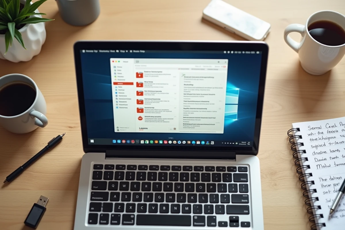 Vue de dessus d'un bureau avec un écran webmail affichant un stockage saturé et des accessoires de travail