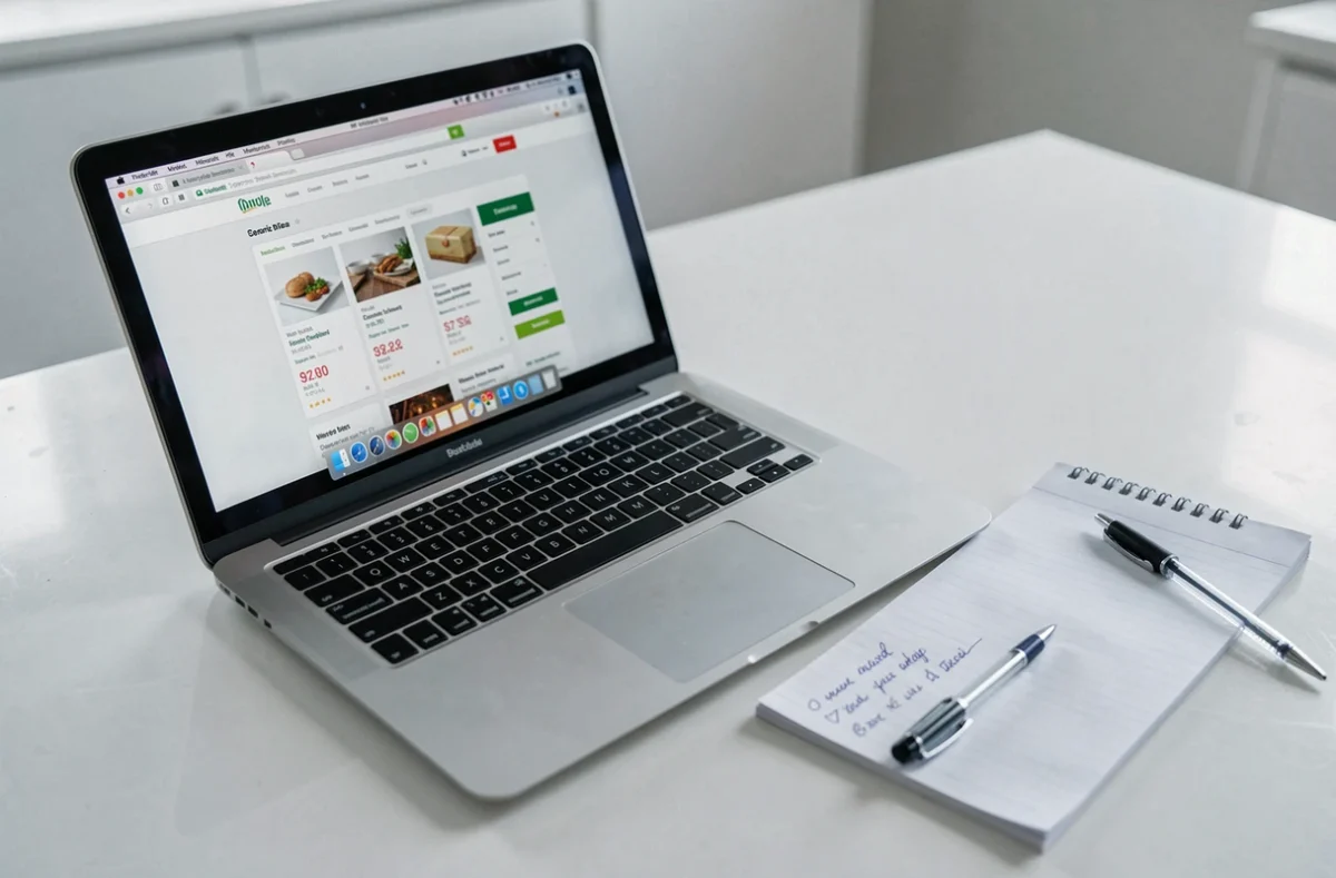MacBook Air reconditionné posé sur une table blanche avec une liste de vérification manuscrite pour l'achat d'occasion