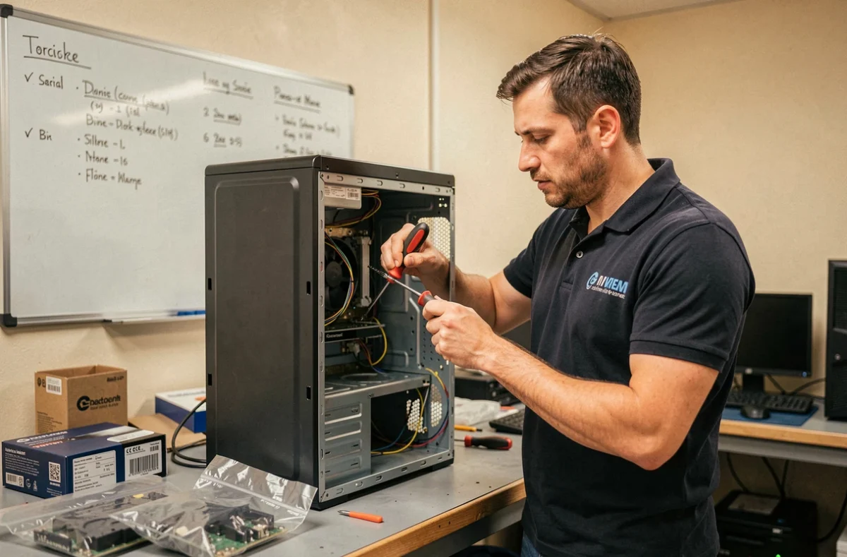 Technicien MAD Informatique réassemblant un ordinateur de bureau dans son atelier en Seine-et-Marne