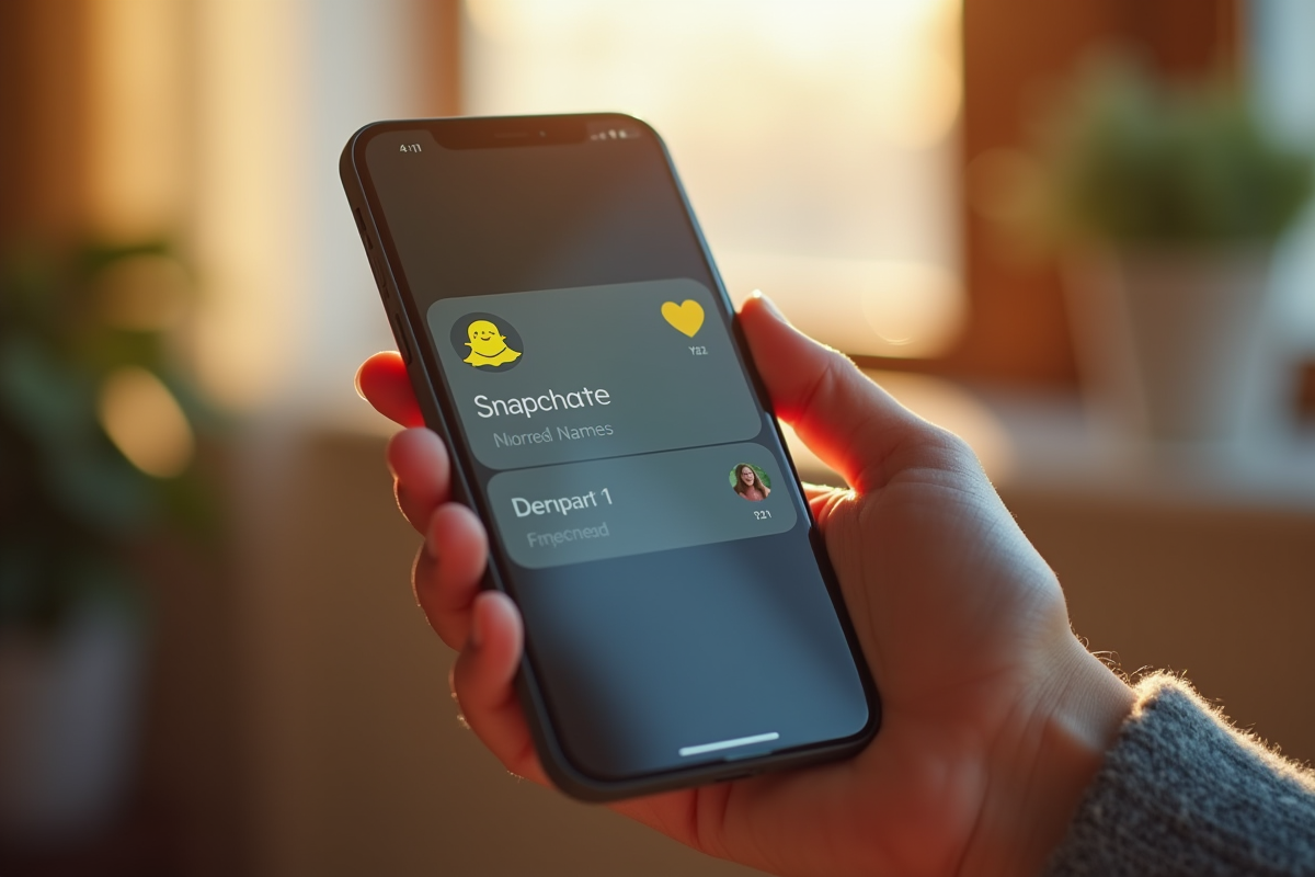 Zoom sur une main tenant un smartphone avec Snapchat ouvert