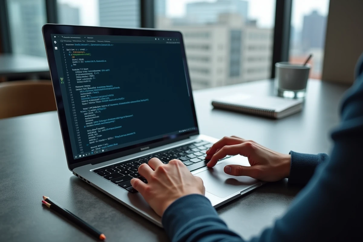 Gros plan sur des mains tapant les commandes pushd et popd dans un terminal bash sur un ultrabook dans un bureau minimaliste