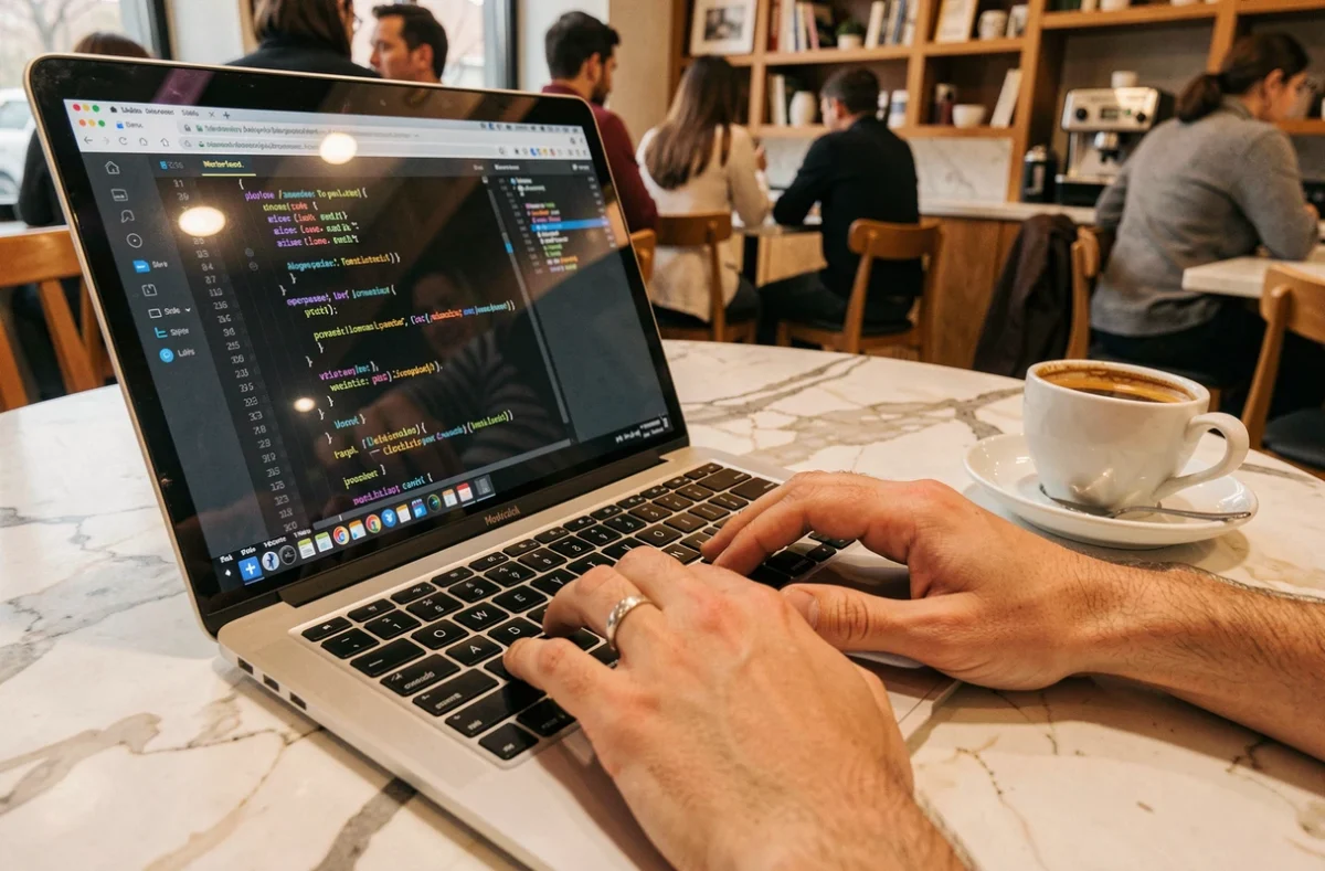 Mains d'un développeur tapant un script Python d'automatisation sur un ordinateur portable dans un café branché