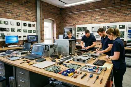 Atelier de réparation informatique en Seine-et-Marne avec techniciens travaillant sur plusieurs ordinateurs
