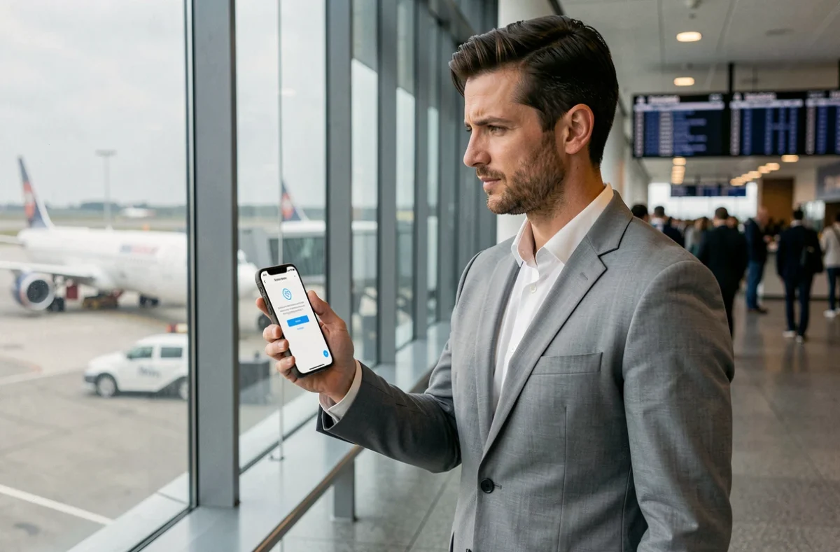 Homme d'affaires consultant sa messagerie professionnelle sécurisée sur smartphone dans un terminal d'aéroport