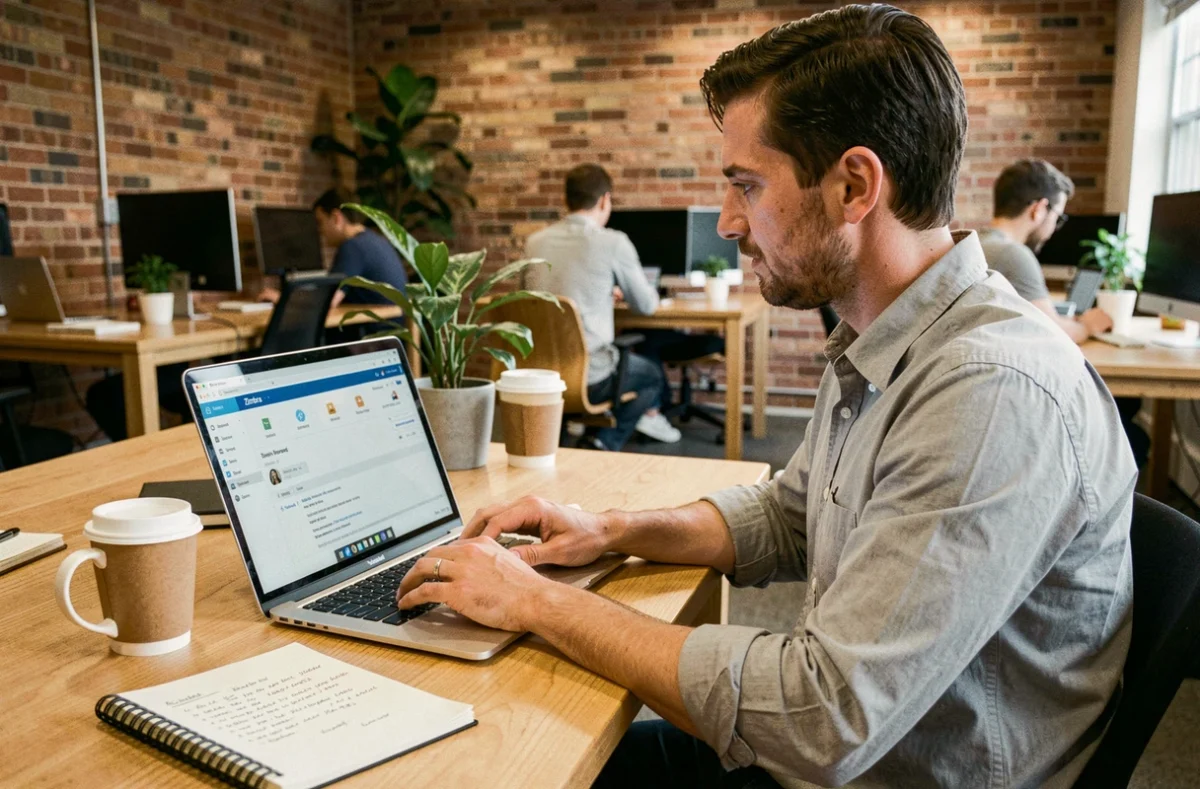 Homme consultant la messagerie Zimbra sur un ordinateur portable dans un espace de coworking moderne pour démarrer sans stress