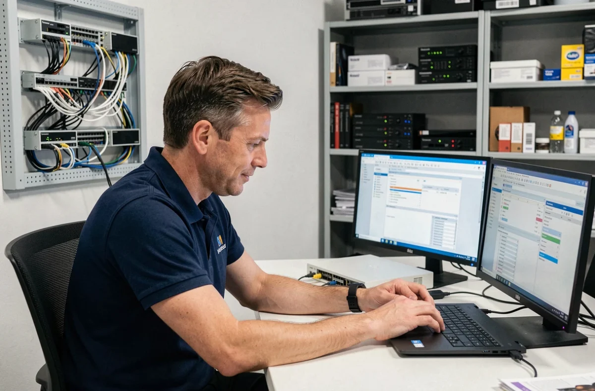 Technicien de Micro Service diagnostiquant un réseau et un ordinateur portable en Seine-et-Marne