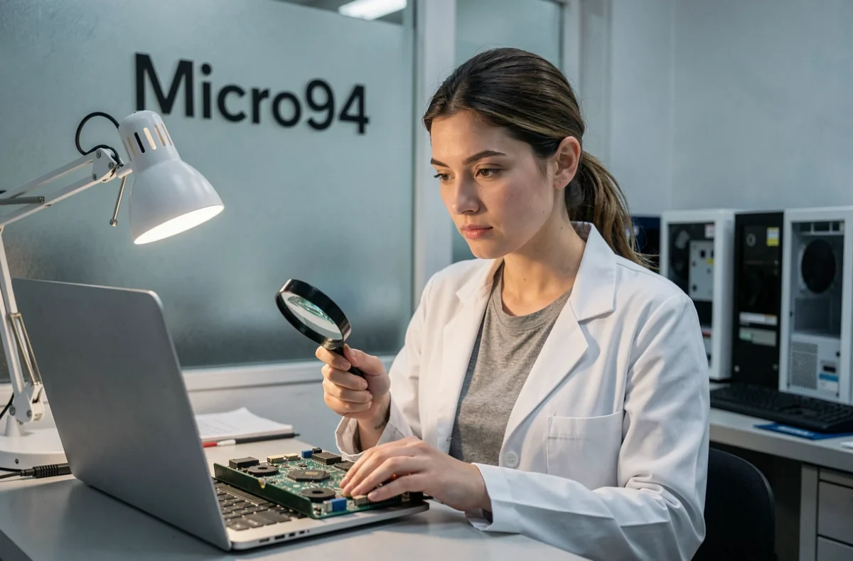 Technicienne de Micro94 inspectant une carte mère d'ordinateur portable dans son atelier du Val-de-Marne