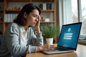 Femme frustrée devant son ordinateur portable essayant de récupérer un mot de passe oublié sur un webmail académique