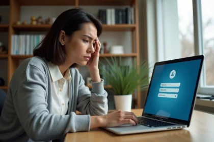 Femme frustrée devant son ordinateur portable essayant de récupérer un mot de passe oublié sur un webmail académique