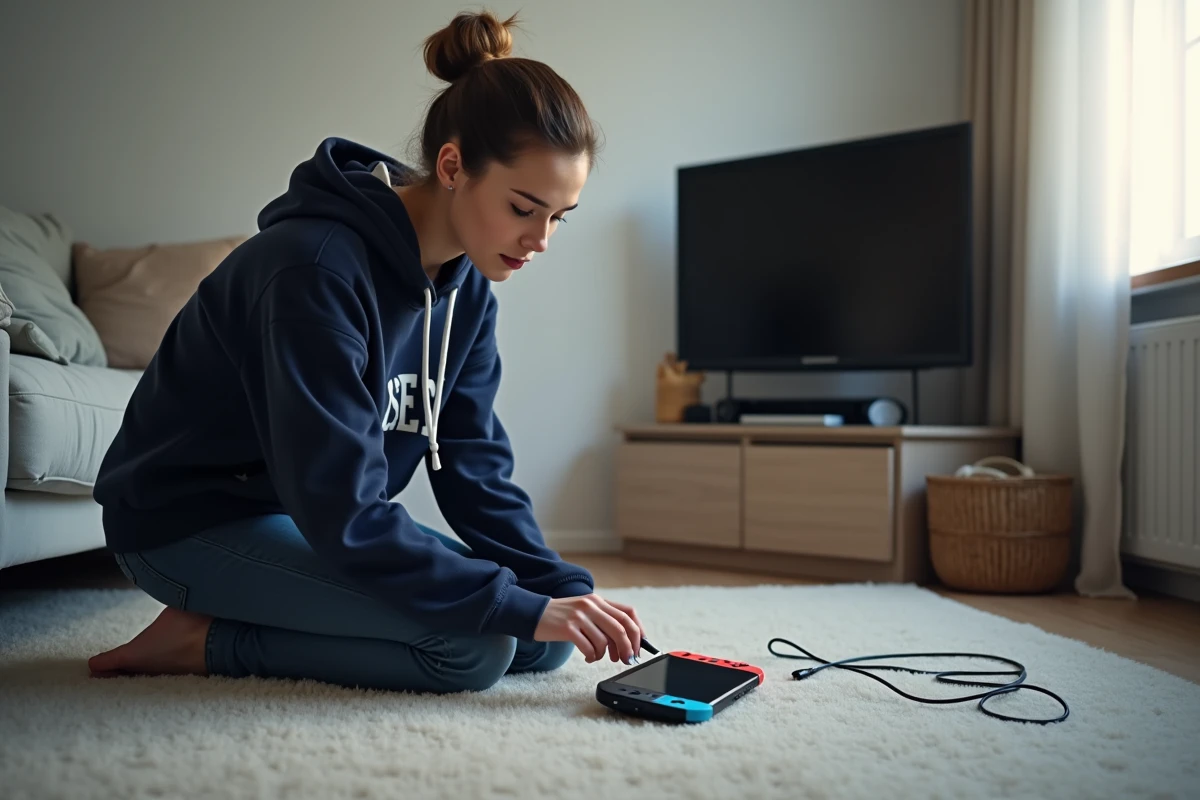 Femme branchant le câble USB-C d'une Nintendo Switch sur le dock pour tenter de la rallumer