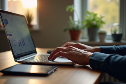 Clavier externe et portable sur un bureau en bois avec mains tapant la barre verticale