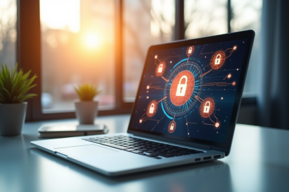 Ordinateur portable moderne avec icônes de sécurité numérique