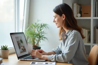 Femme organisant une galerie d'images sur un ordinateur portable dans un bureau minimaliste, illustrant la gestion et l'organisation de photos en ligne