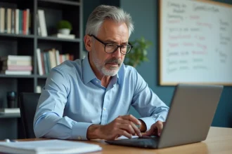 Professeur homme d'âge moyen avec lunettes utilisant un ordinateur et une tablette