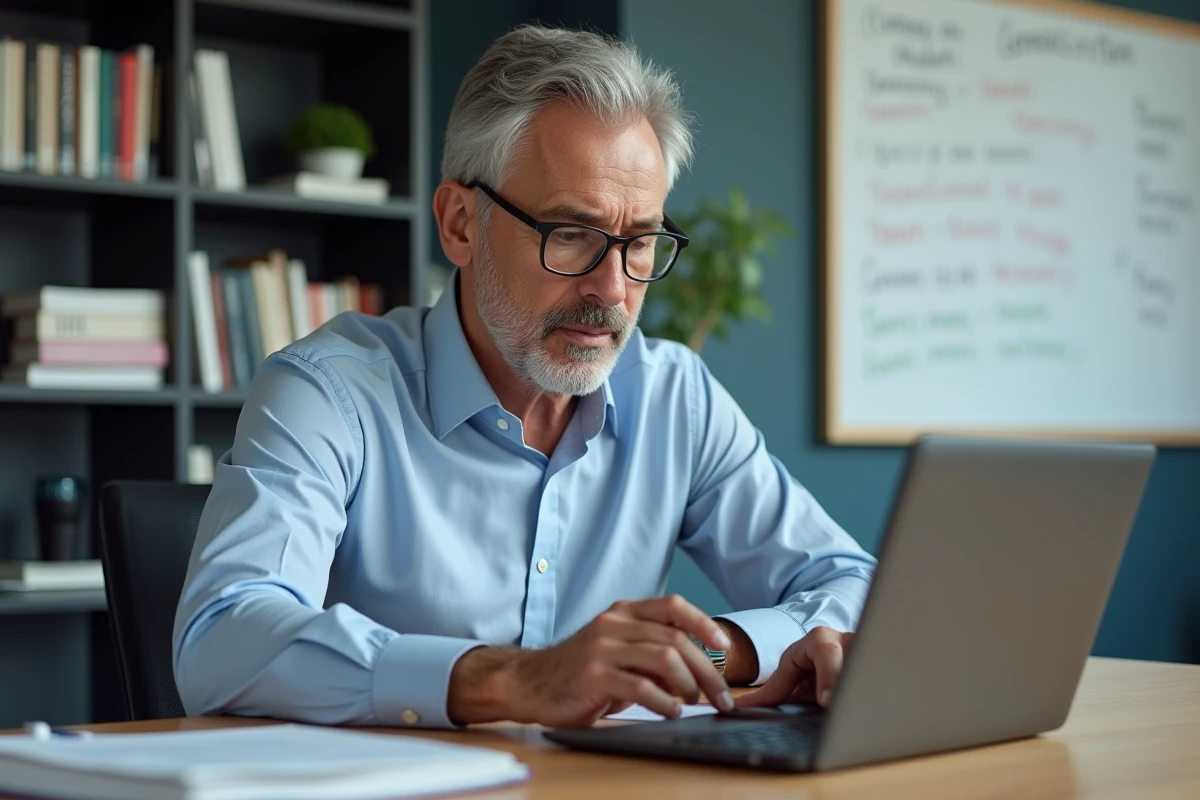Professeur homme d'âge moyen avec lunettes utilisant un ordinateur et une tablette