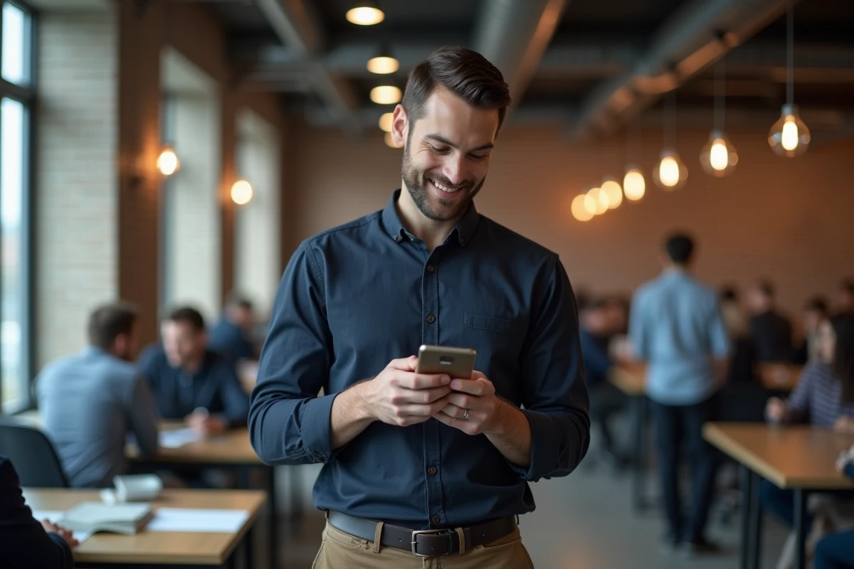 Professionnel utilisant une application numérique populaire dans un espace de coworking urbain moderne
