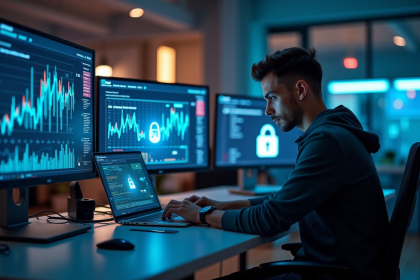 Jeune professionnel informatique travaillant sur un ordinateur avec graphiques de cybersécurité