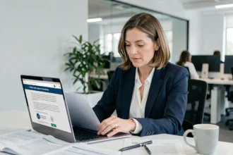 Professionnelle consultant une politique de confidentialité RGPD sur son ordinateur dans un bureau moderne
