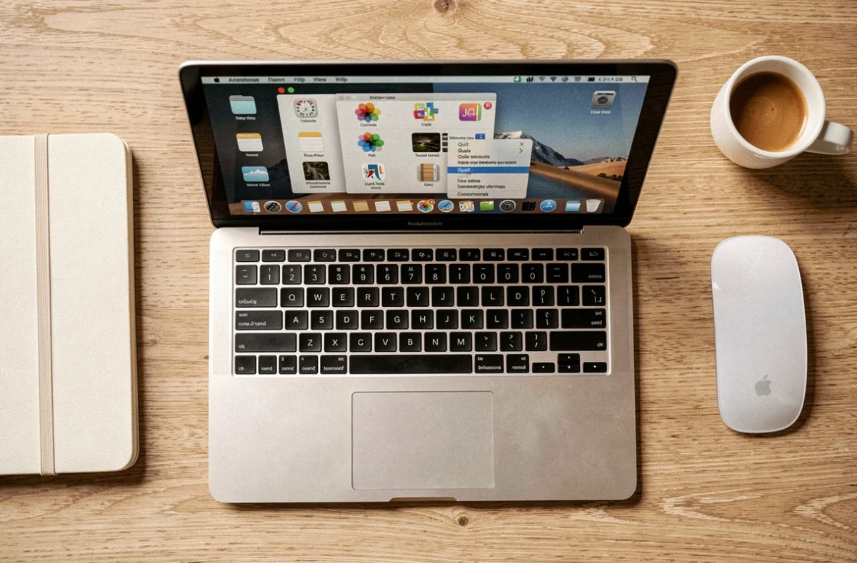 Vue aérienne d'un MacBook Air affichant le menu Quitter pour fermer des applications macOS rapidement