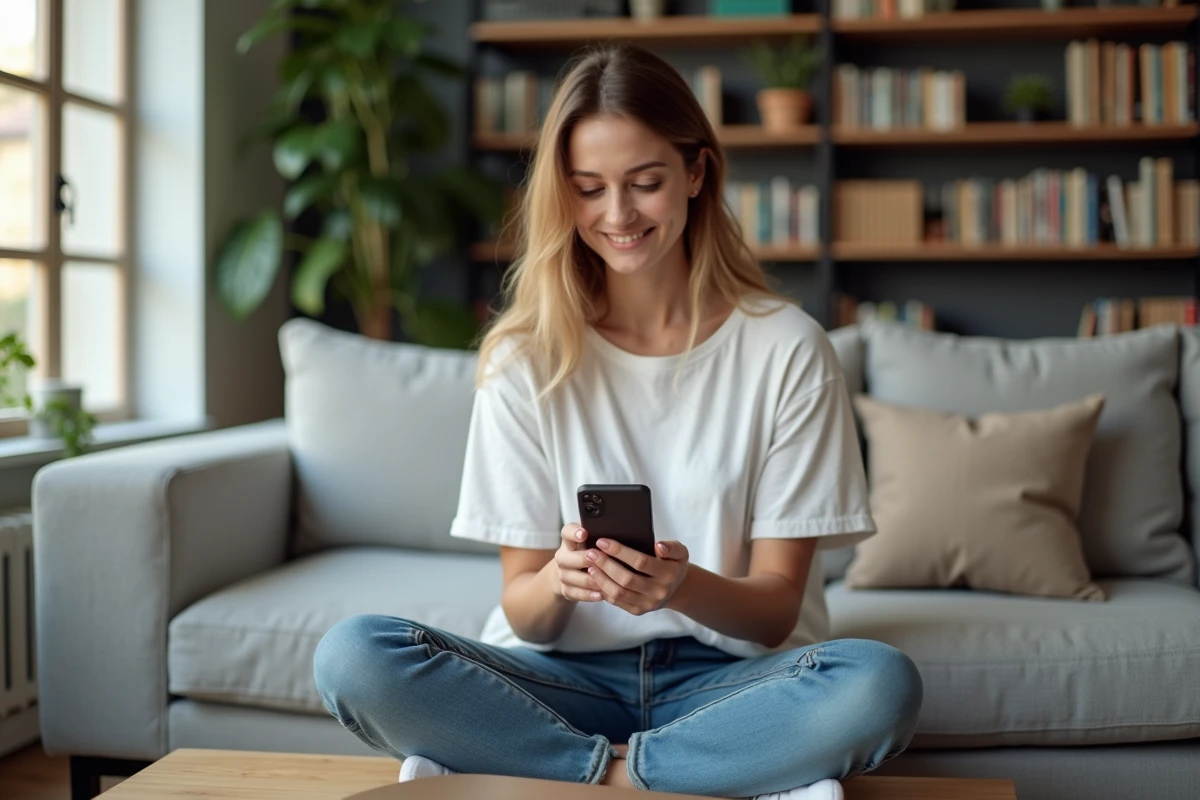 Jeune femme utilisant un smartphone pour retrouver facilement des images sur une application de gestion de photos, assise dans un salon chaleureux