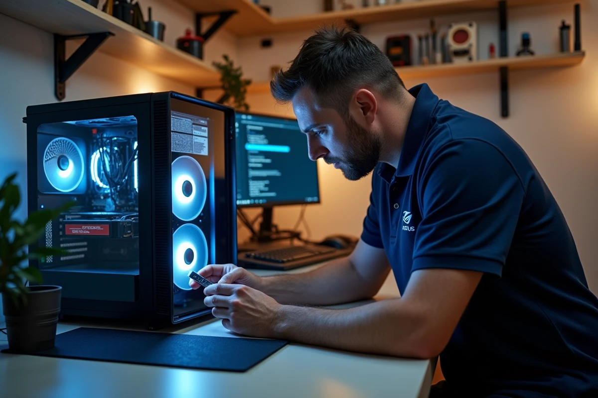 Technicien insérant une clé USB pour récupérer le BIOS AORUS sur un PC en panne après mise à jour