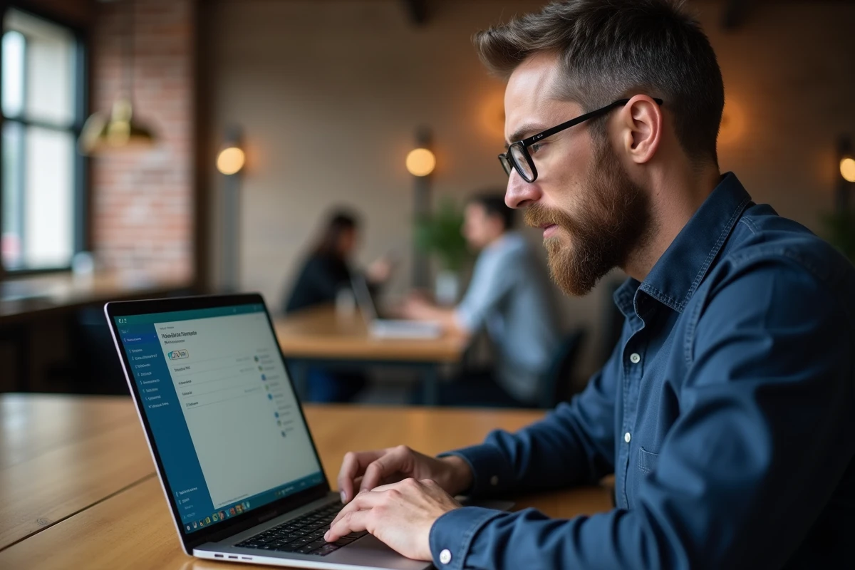 Homme consultant les paramètres d'inversion de clavier sur un ordinateur portable dans un espace de coworking