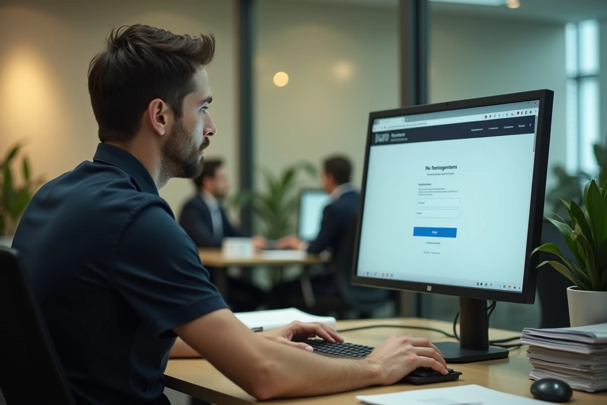 Homme en bureau administratif consultant une page de réinitialisation de mot de passe sur un webmail académique Grenoble